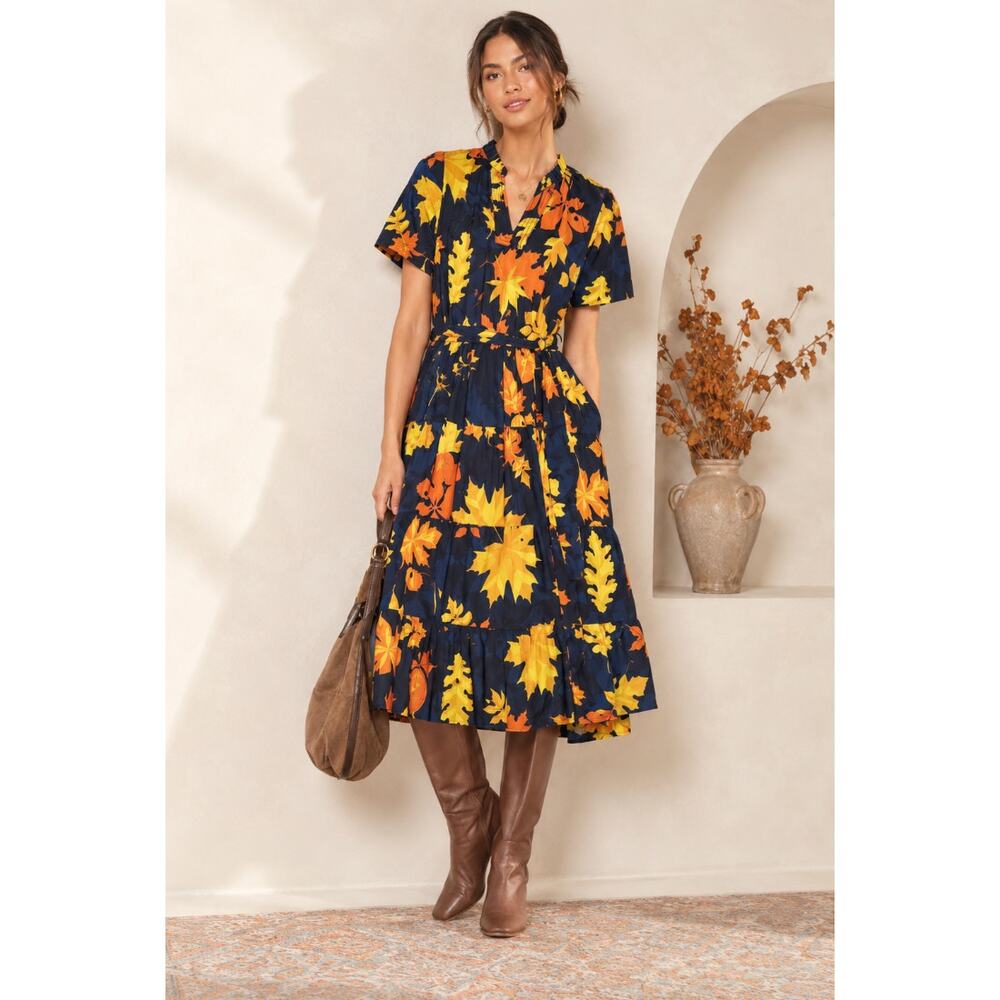 Floral Leaf Tie-Waist Maxi Dress - Navy & Yellow